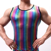mens tanks tops shine rainbow striped sleeveless shirts colete masculino gay dance stage clubwear male streetwear tops