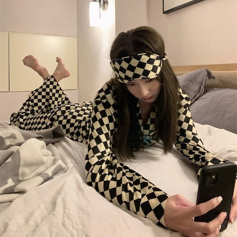 QWEEK Women Pajamas Black and White Grid Pijamas Spring Autumn Home Clothes Lounge Wear Sleepwear Pyjamas 2 Piece Sets Roomware