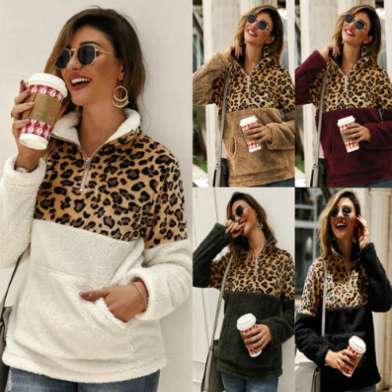 

Women Fleece Sweatshirt Winter Casual Faux Fur Leopard Patchwork Fluffly Female Hoodies Warm Turtleneck Zipper Thick Sherpa Tops