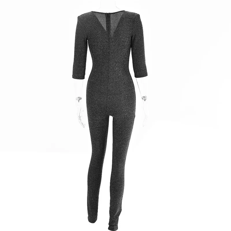 

Sibybo Black Sparkly Glitter Shoulder Pads Jumpsuit Women Spring V-Neck Bodycon Rompers Elegant Ladies Slim Partywear Overalls