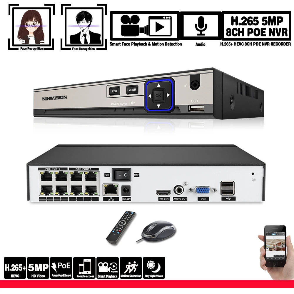 Обнаружение лица 4 канала 8 каналов POE 5 МП сетевой видеорегистратор H.265 1 HDD 24/7