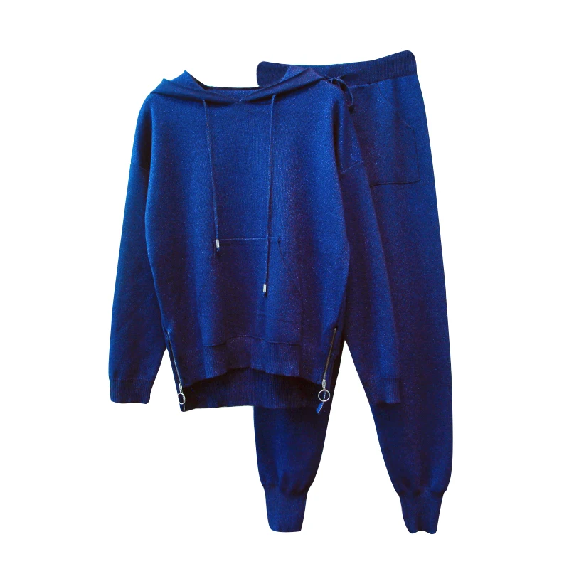 

2020 Real Rayon Full Sequined Autumn New Women's Knit 2 Piece Suit Fashion Loose Hooded Sweater Feet Pants Two-piece Female