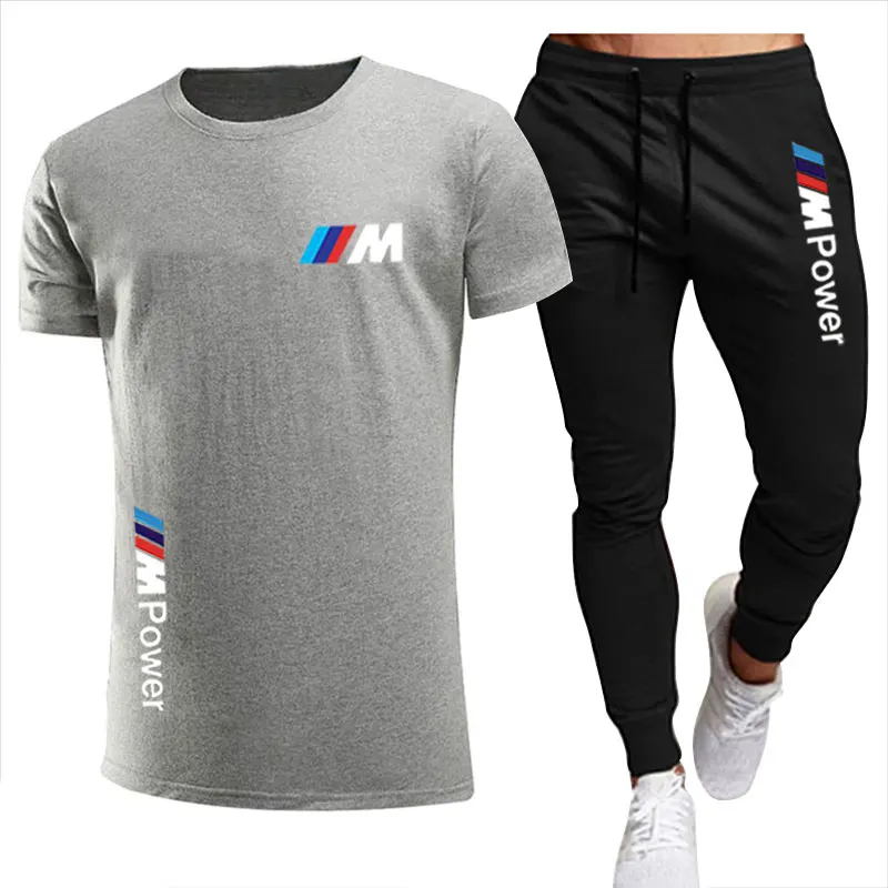 

2021 BMW fashion casual sportswear summer letter printing jogging suit men's fitness suit T-shirt + pants 2-piece set