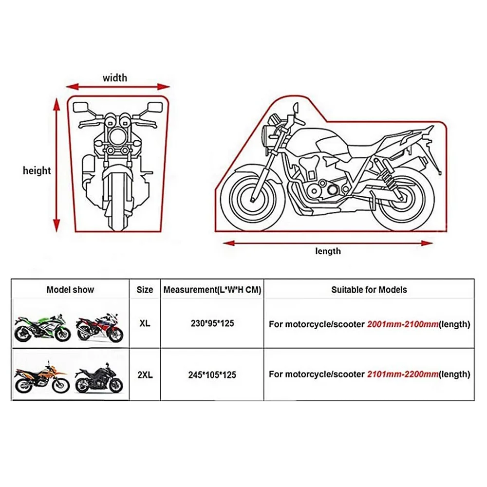 

XL/2XL Motorcycle Cover Waterproof Outdoor Universal 190T Motorbike Rain Proof Sunscreen Dustproof Breathable Outdoor Protector
