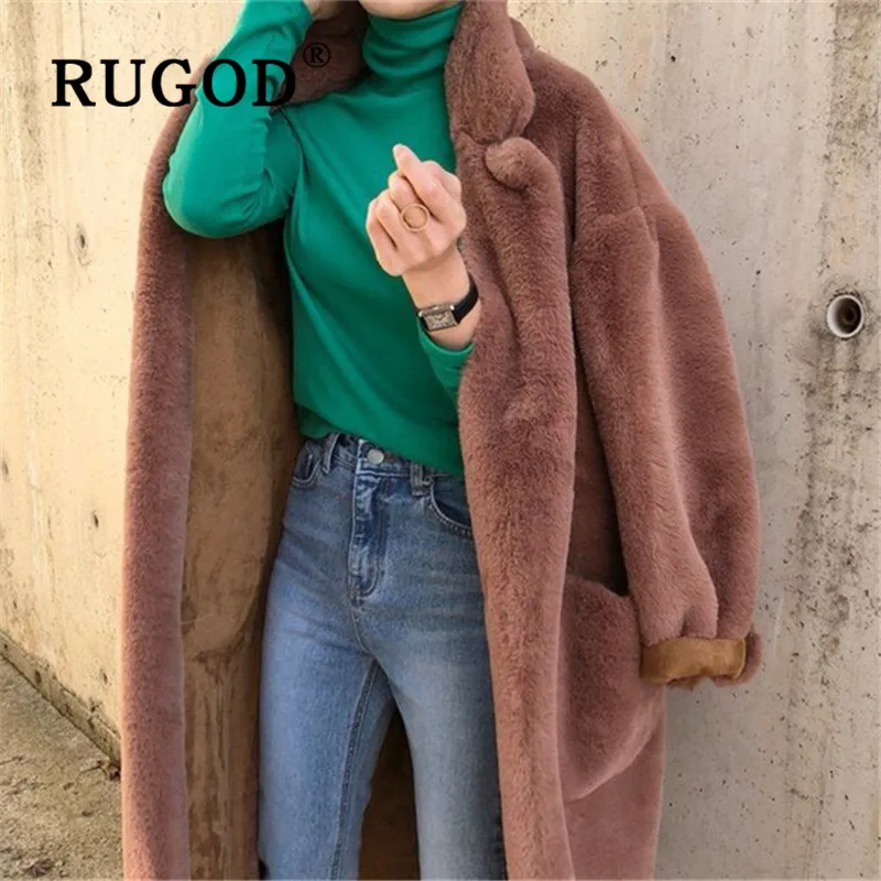 RUGOD зимнее женское мягкое бархатное пальто с отложным воротником прямая свободная длинная куртка французский шик элегантное милое плотное теплое пальто
