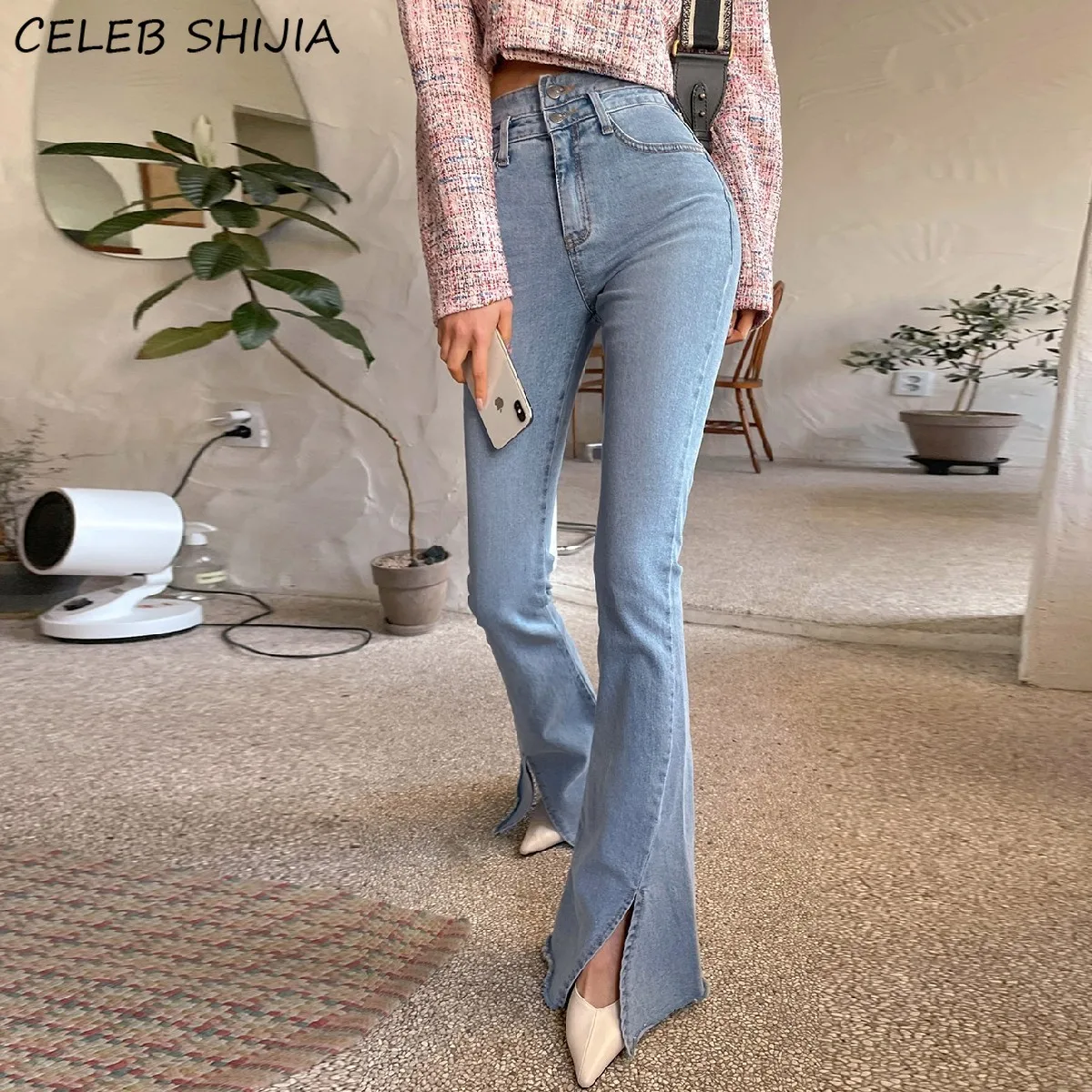 

SHIJIA Chic Bell Denim Jeans Woman High Waisted Elastic Denim Pants Woman Light Blue Korean Clothes Street Flare Jeans Female