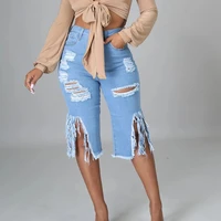 women fashion jeans hole ripped tassle low waist elastic flare knee length denim pants indie sexy high street trousers 2021