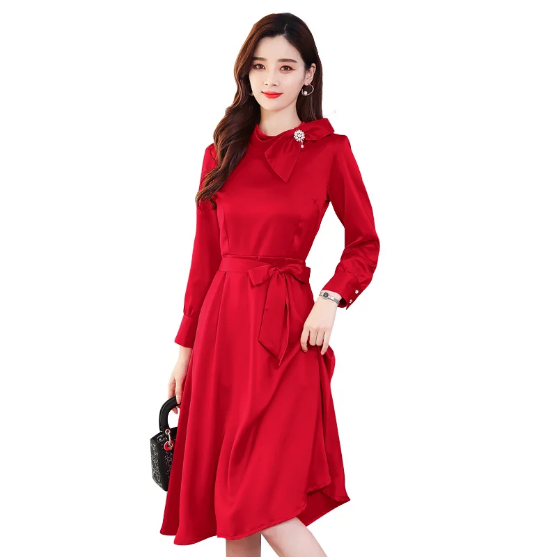 

2021 Elegant Women Party Bodycon Vestidos Autumn Winter Vintage Solid Casual Midi Dress Plus Size Office Long Sleeve Satin Dress