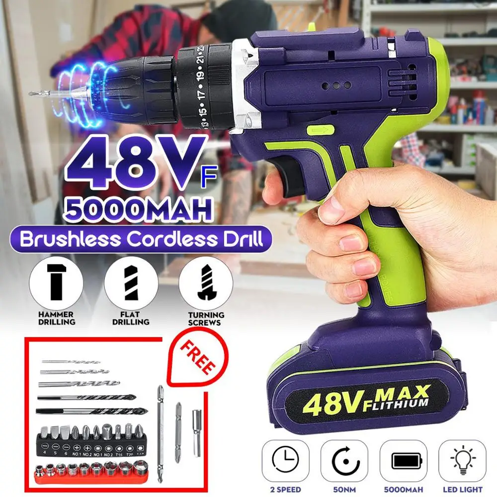 

Cordless Double Speed Power Drills Hammer Drill 48VF 3 In 1 LED Lighting Large Capacity Battery 50Nm 25+1 Torque Electric Tool
