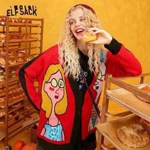 Вязаный кардиган ELFSACK, Женский однобортный свитер красного и черного цвета с принтом в виде КолорБлок, корейский стиль, зима 2019