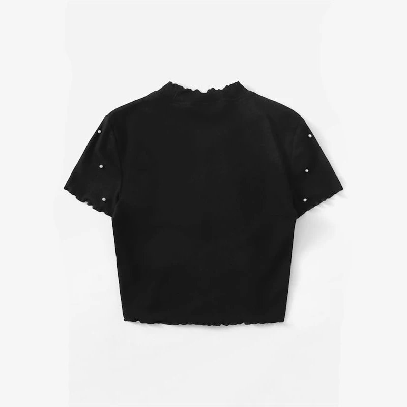 ROMWE Черный насыщенный салат отделкой жемчугом Бисер Crop Tee Для женщин Лето Элегантный Воротник-стойка футболки женские, облегающие Топы
