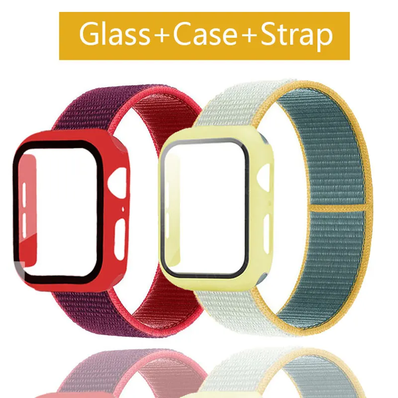 

Glass+Case+Strap For Apple Watch band 44mm 40mm 38mm 42mm 44 mm Nylon Loop smartwatch watchband bracelet iWatch 3 4 5 6 se band