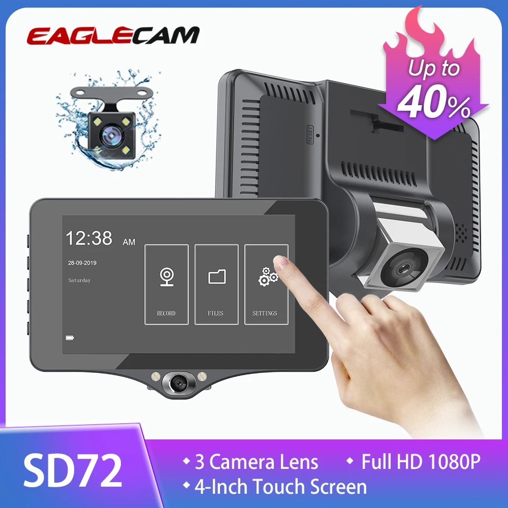 Автомобильный видеорегистратор с 3 объективами 4 0 дюйма сенсорный экран камерой