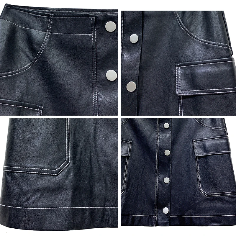 

Korean Casual Single-Breasted Club Faux Leather Skirt Women Solid Black Pockets High Waist A-Line Mini Bodycon Skirts Female