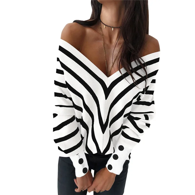 Женский трикотажный свитер с открытыми плечами Свободный пуловер в полоску