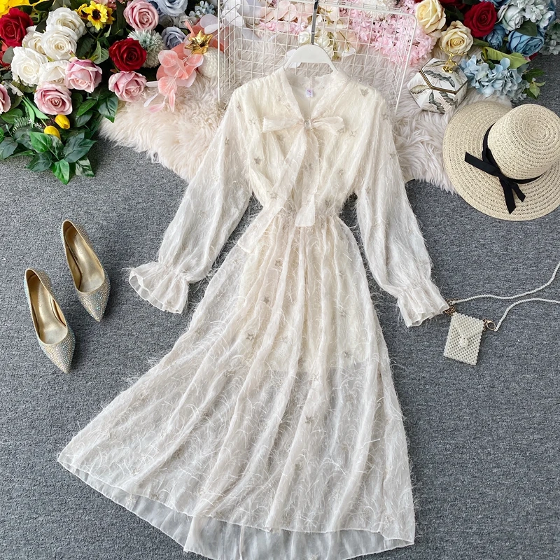 2020 Новая модная женская одежда с бантом до середины икры зимнее платье | Женская