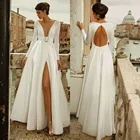 Женское свадебное платье с V-образным вырезом, длинным рукавом и открытой спиной