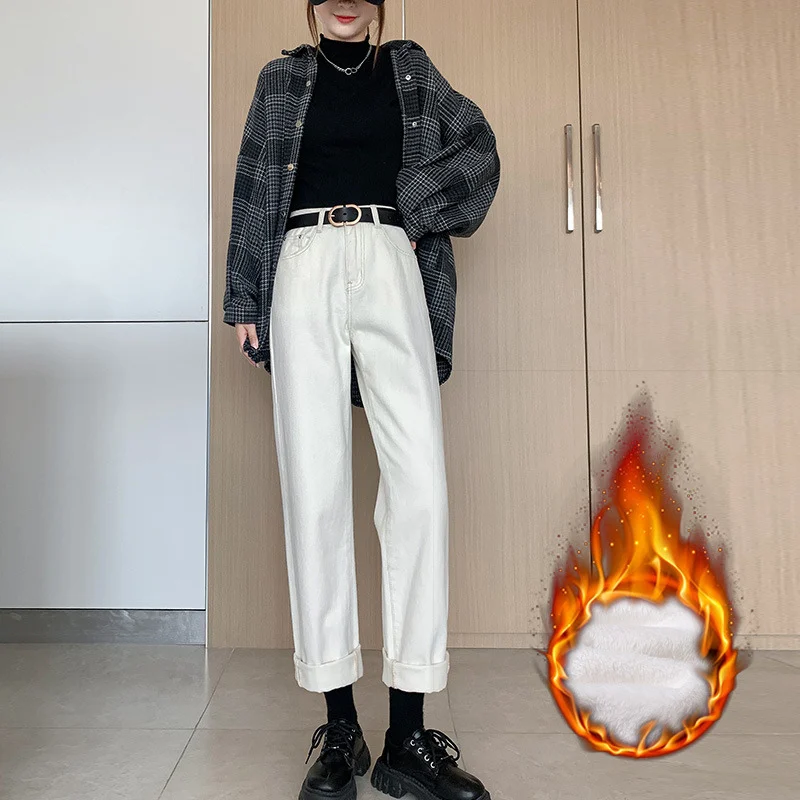 

2021 New Black Straight Jeans Fall/Winter Loose High Waist Slim Fit Warm Plus Velvet Wide Leg Pants All-Match Women's Trousers