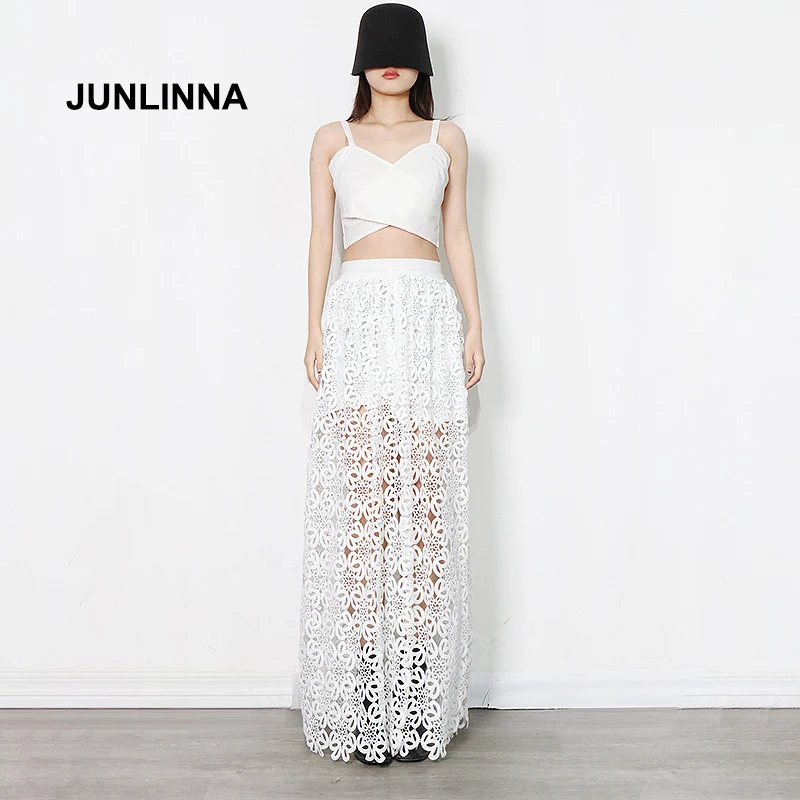 

JUNLINNA Spring Summer Two Piece Dress Camisole Top +Hook Floral Hollow Out Skirt Wear Set Pure Colour Elegant 2 Pieces Sets