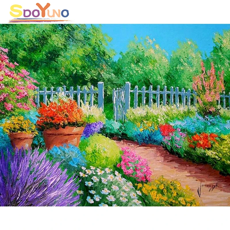 

SDOYUNO Beautiful Garden Coloring By Numbers Painting Complete Kit Acrylic Paints Flower Paiting By Numbers Picture Handicraft