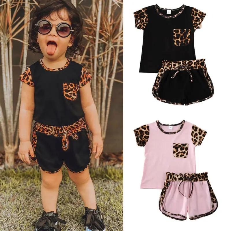 

Summer 2Pcs Toddler Kids Baby Girl Short Sleeve Top T Shirt Pants Shorts Leopard Casual Outfits Set Sportswear Tracksuits
