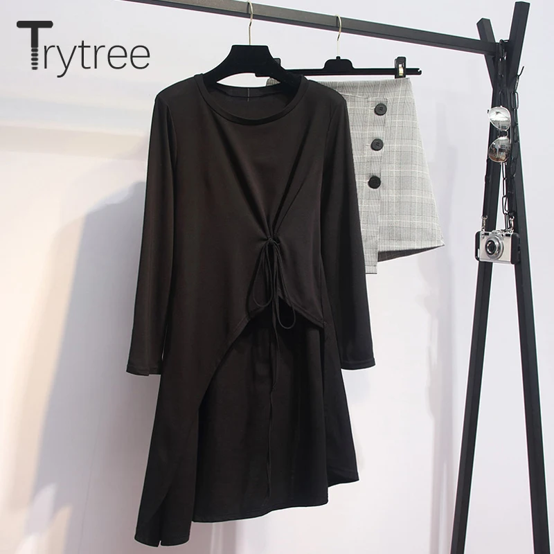 Женский Повседневный офисный костюм Trytree черный длинный топ с круглым вырезом и