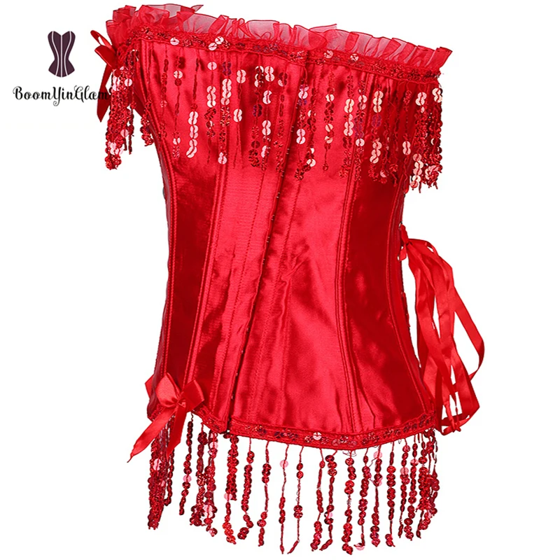 Красный женский винтажный корсет с кисточками без бретелек блестками со