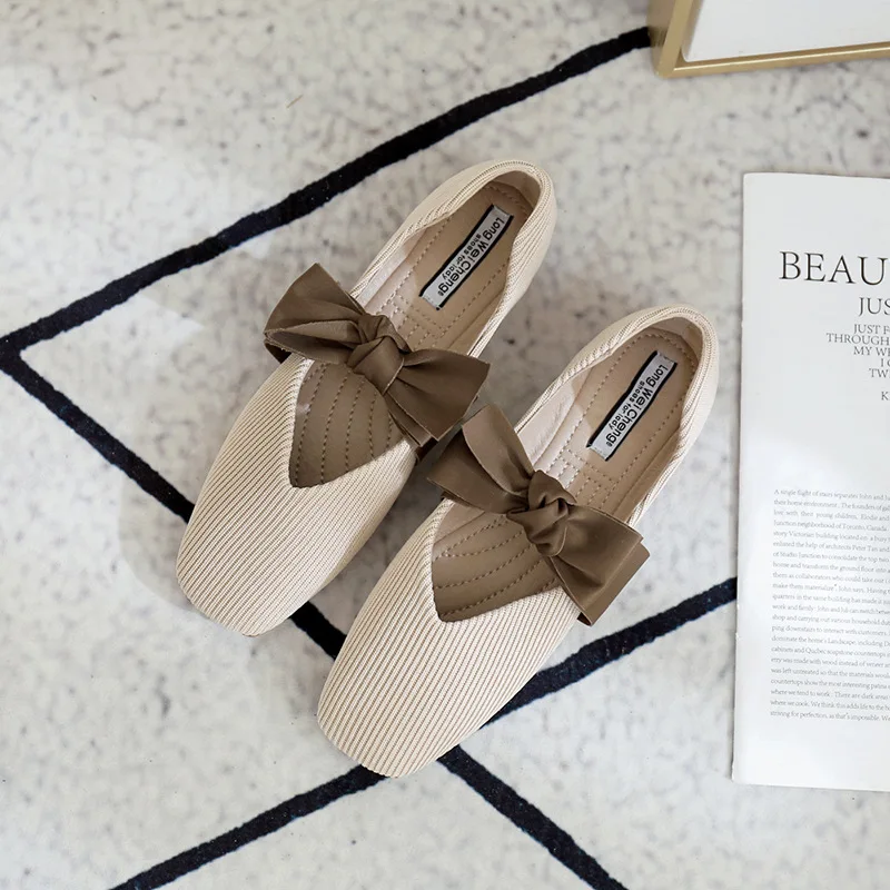 

Korean Shoes Bow-Knot Casual Female Sneakers Shallow Mouth Dress Flats Women Square Toe 2021 Butterfly Comfortable Grandma Retro