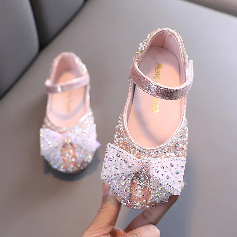 2021 New Princess Shoes Rhinestone Bow Children Single Shoes Girls Party Performance Dance Shoes Baby Student Flats Size E877