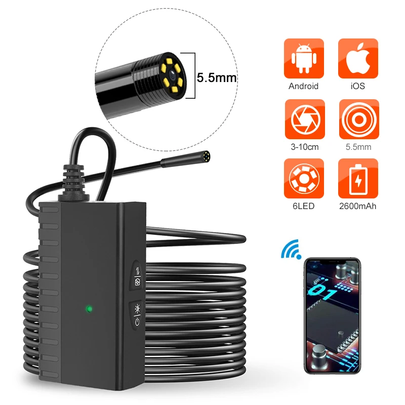 

5.0MP 5,5 мм HD эндоскоп с Wi-Fi для обследований Borescope Камера Беспроводной змея Камера с полужесткие кабель для IOS и Android смартфон