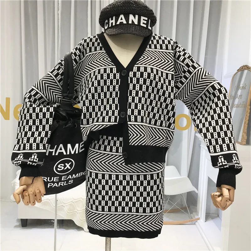 ALPHALMODA Ретро стиль геометрический узор v образный вырез Свободный кардиган +