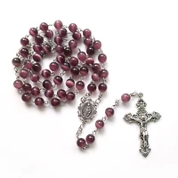 qigo purple opal rosary necklace vintage big cross pendant religious jewelry for men women