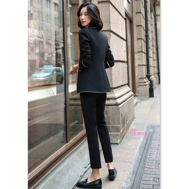 Женский черный брючный костюм Модный комплект из 2 предметов: куртка с длинными