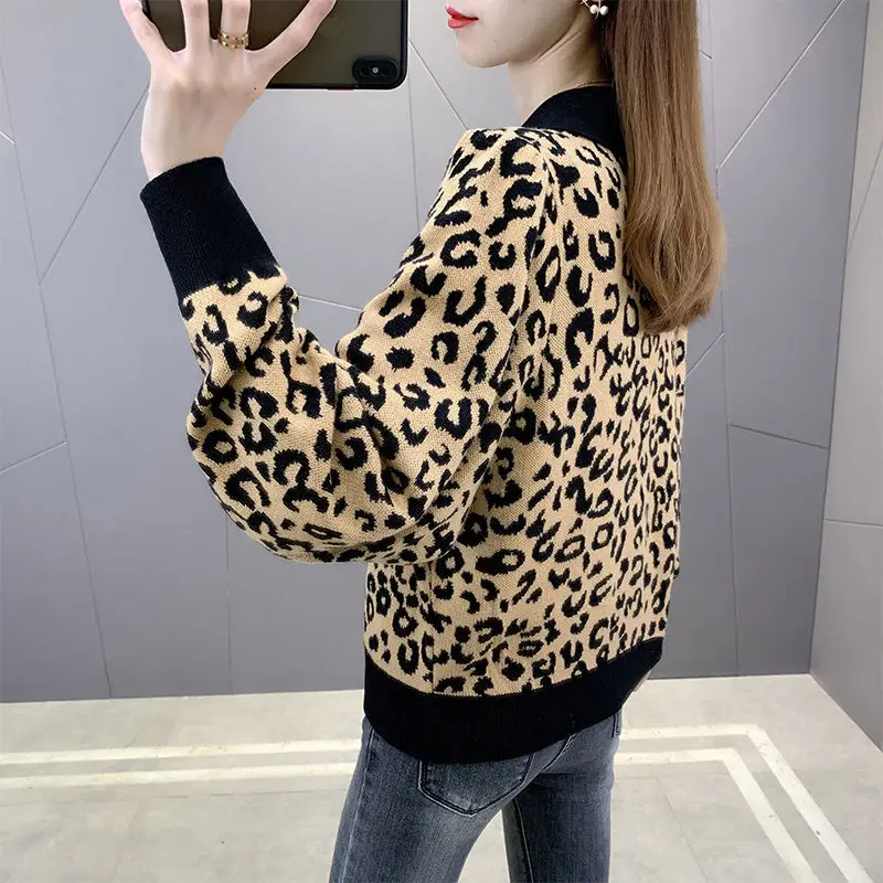 

Small fragrant wind bottoming shirt leopard sweater women's autumn and winter new knitwear pullover loose short top