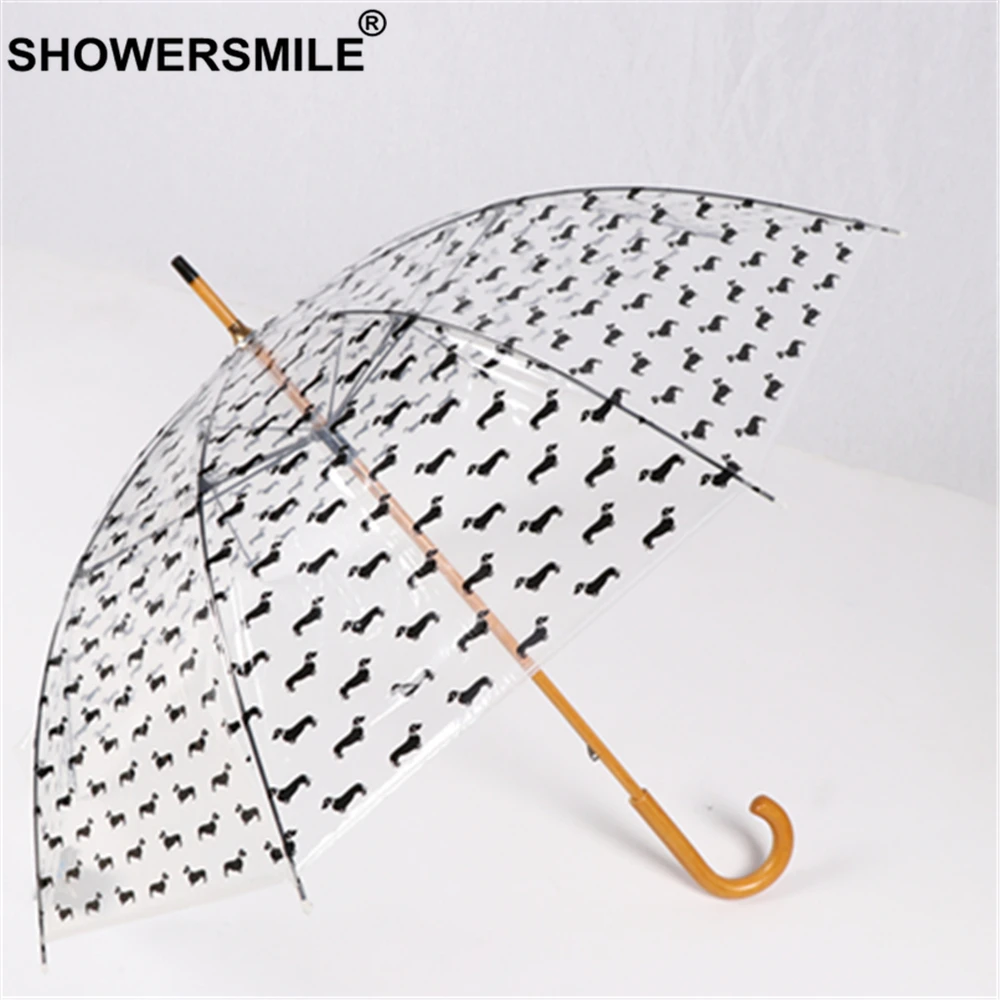 SHOWERSMILE Transparent Umbrella Rain Women Wooden Handle Parasol Dog Print Fashion Ladies Hanging Brand Adult Guarda Chuva