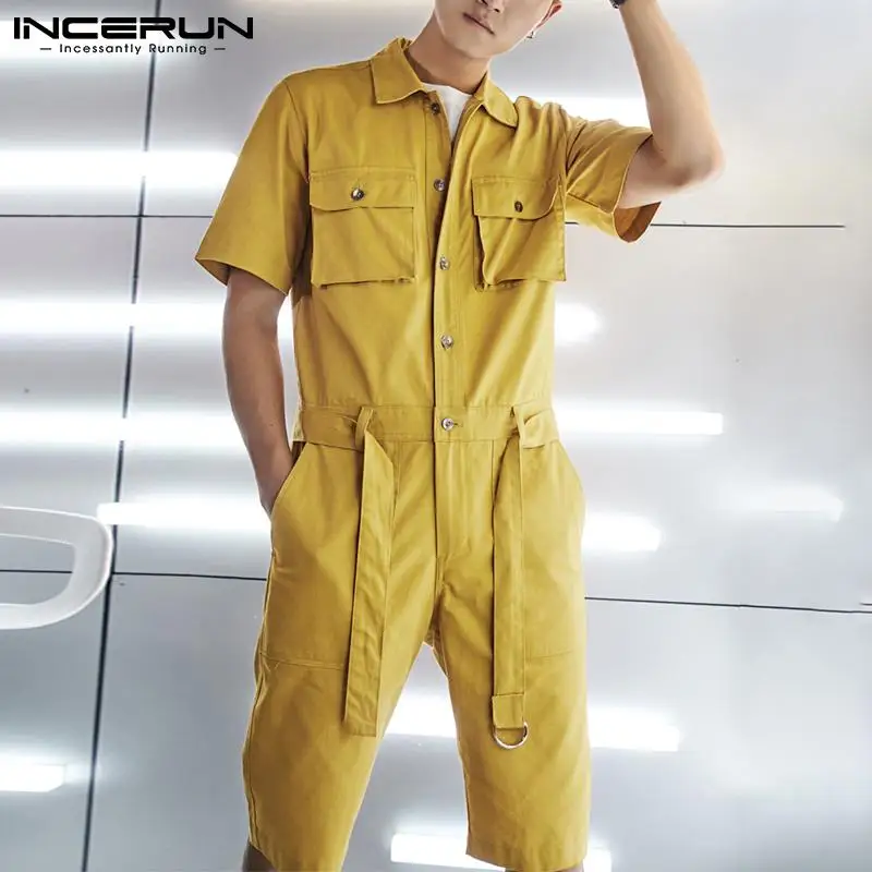 

2021 Men Cargo Overalls Lapel Solid Streetwear Short Sleeve Rompers Button Multi-pockets Fashion Casual Jumpsuits INCERUN S-5XL