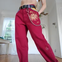 women fashion red street indie aesthetic pants print loose oversize capris 2021 spring autumn new mid waist casual trousers y2k