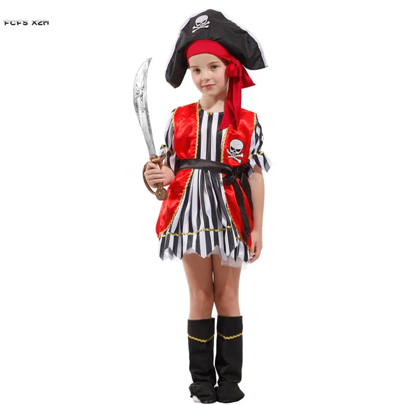 

Red M-XL Girls Pirates of the Caribbean Cosplay Kids Children Halloween Skeleton Pirate costume Carnival Purim Stage party dress