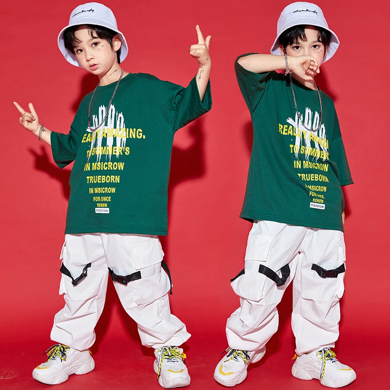 

Костюм для уличного танца в стиле хип-хоп для мальчиков, топ с коротким рукавом, белые брюки-карго, свободный костюм для выступлений, костюм для джазовых танцев для девочек, BL6787