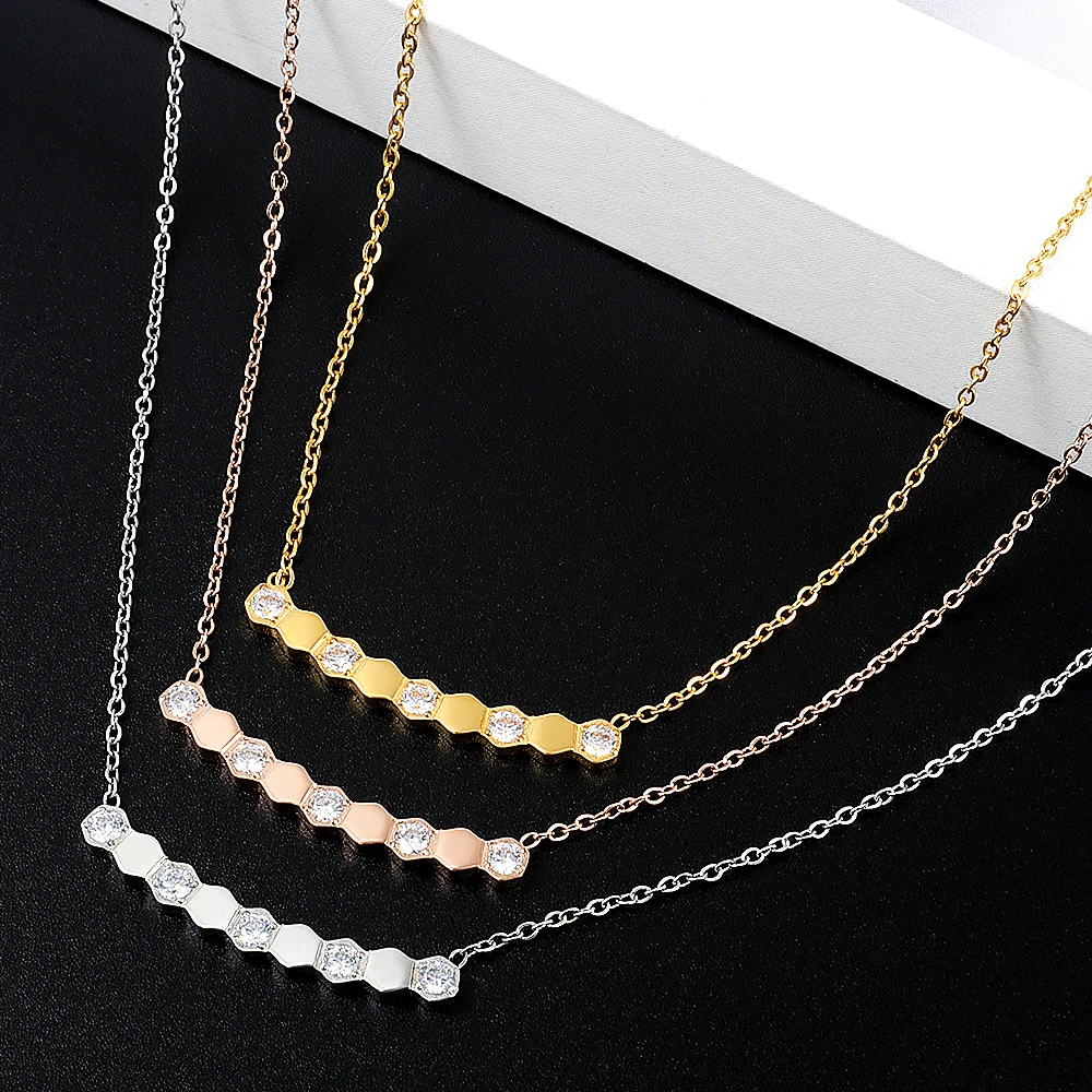 

Fashion Rhombic Shaped Honeycomb Crystal Charm Link Necklaces Women Collar Stainless Steel Long Gold Color Necklaces Jewelry