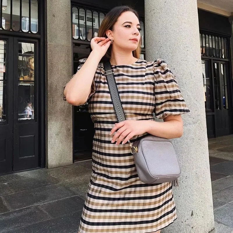 

New Women Plaid Print Back Zipper Mini Dress Spring&Summer Puff Short Ladies Dresses Elegant Casual Office Female Clothing