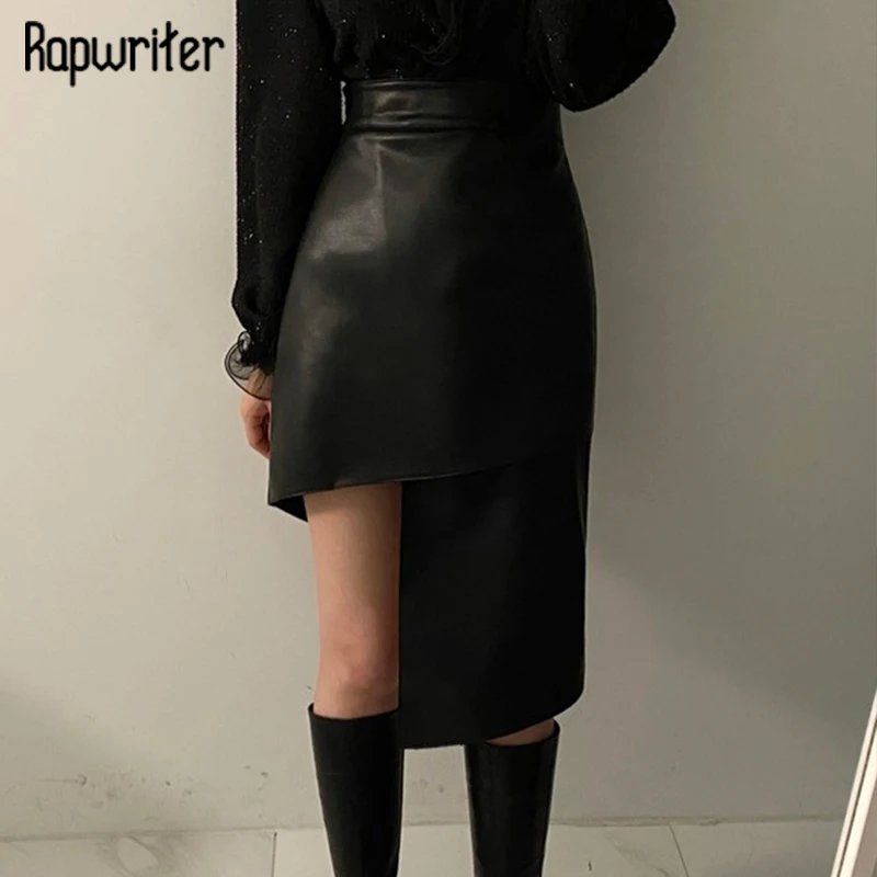 

Модная юбка Rapwriter 2022 из искусственной кожи, элегантная Асимметричная прямая женская элегантная юбка с высокой талией