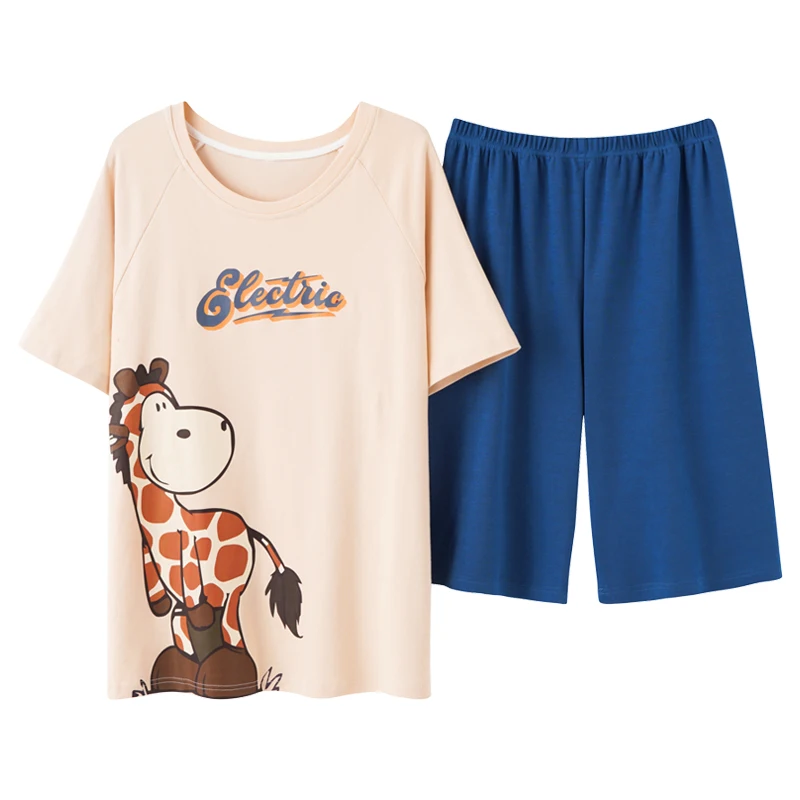 

Casual Soft Breathable Fashion Nightwear New Pajamas Set Men Summer Loose Cotton Print Short Sleeve Shorts Oversize Homewear Set