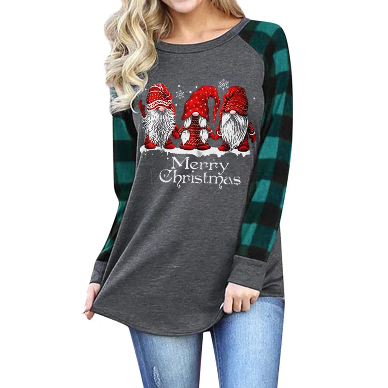 

Merry Christmas Tees Women Winter Patchwork Tee Aesthetic 2021 Christmas Long Sleeve Gnome T Shirt for Women