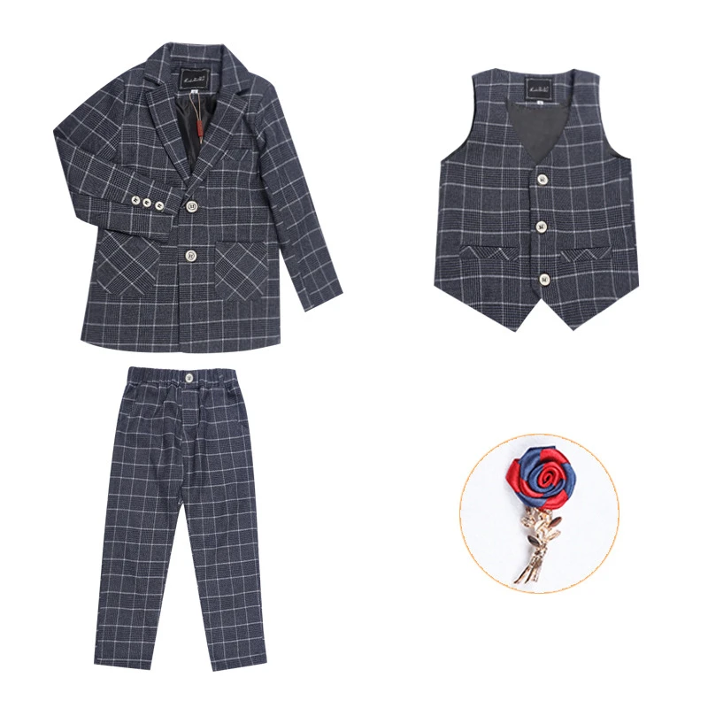 A gray 3pcs Детский Свадебный костюм в клетку в британском стиле высококачественный брендовый блейзер для мальчиков, жилет брюки, комплект из 3 предметов, детские праздничные костюмы официальные костюмы - Цвет: A gray 3pcs
