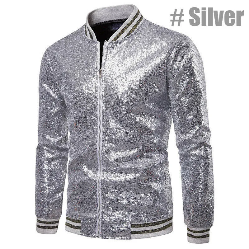 

Men's Shiny Outwear Sequined Glitter Suit New Soild Color Long Sleeves Jackets Male's Nightclub Zipper DJ Stage Coats Autumn New