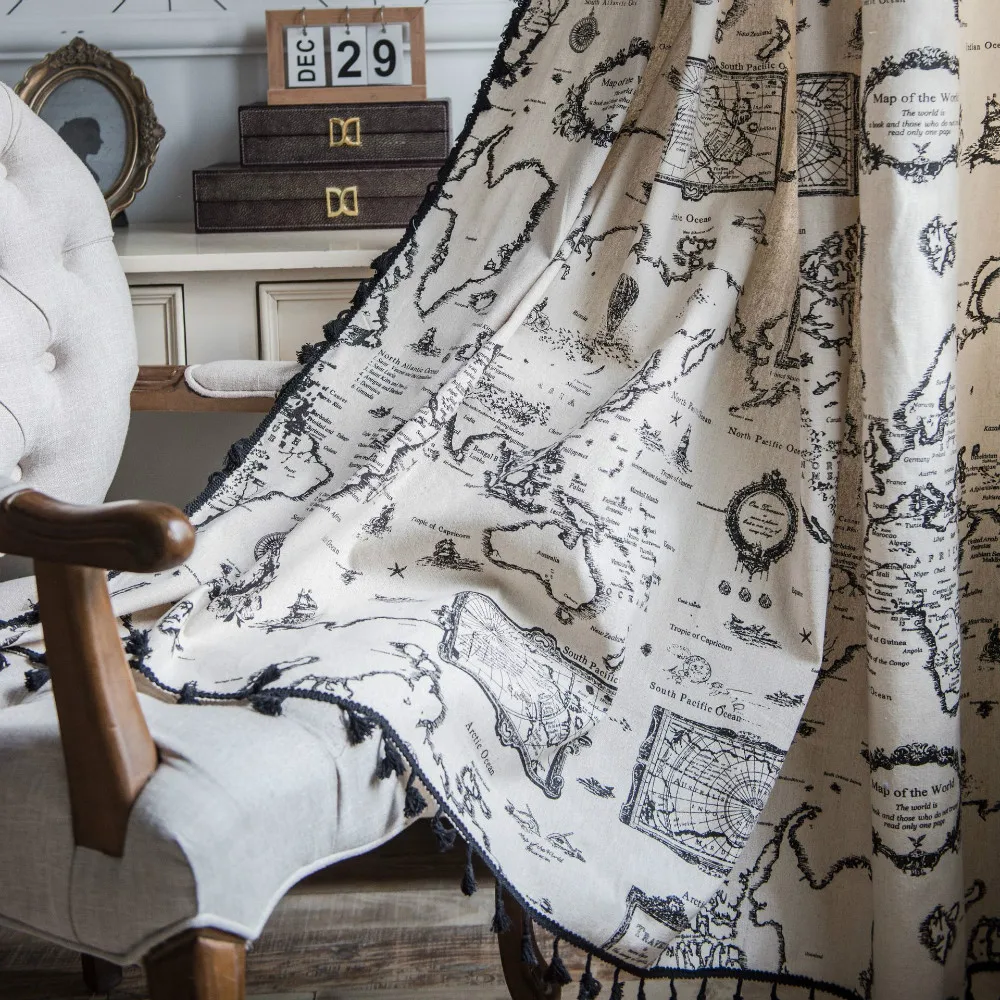 Cilected Ретро Карта печатная занавеска s домашняя кисточка из хлопка и льна