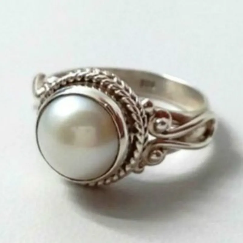 

Women's S925 Vintage Thai Silver Pearl Ring Fashion Engagement Wedding Gift Jewelry Ring Wholesale size 6-10