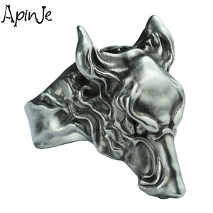 Apinje Vintage 925 Sterling Silver Personality Ring Hip Hop Rock for Men Wolf Head Rings Jewelry