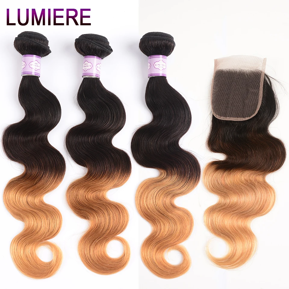 Lumiere волнистые человеческие волосы Омбре 3 пряди с 4*4 закрытием T1B/4/27 не Реми